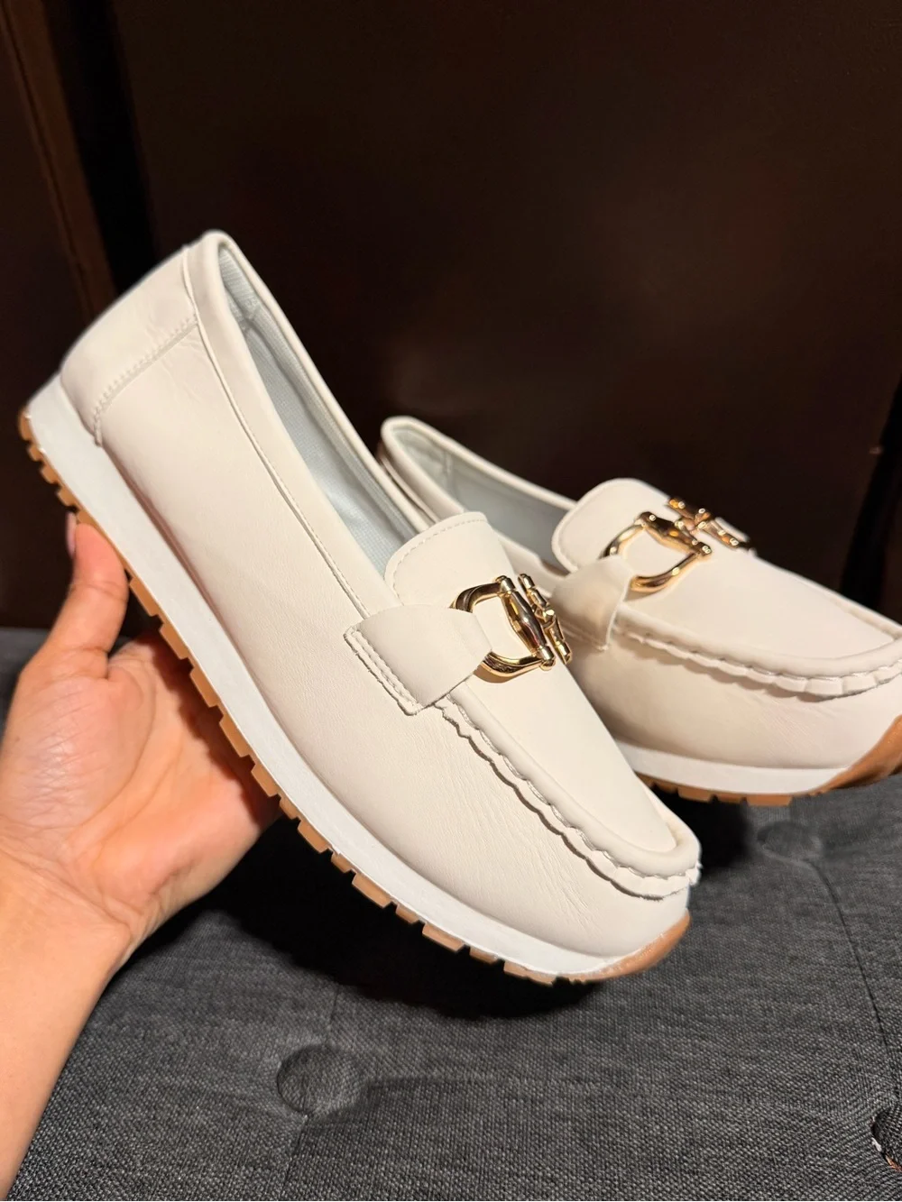 Women’s Cream Slip-On Loafer with Gold Bit Accent